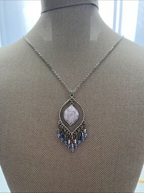 Long Silver Tone Pendant Necklace with Blue Accents
